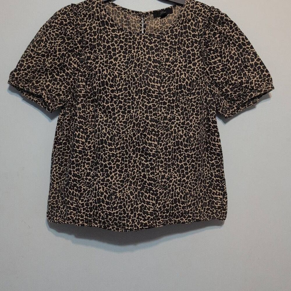 J.Crew Womens Leopard Print Puff Short Sleeve 100% Cotton Blouse Tan Black M